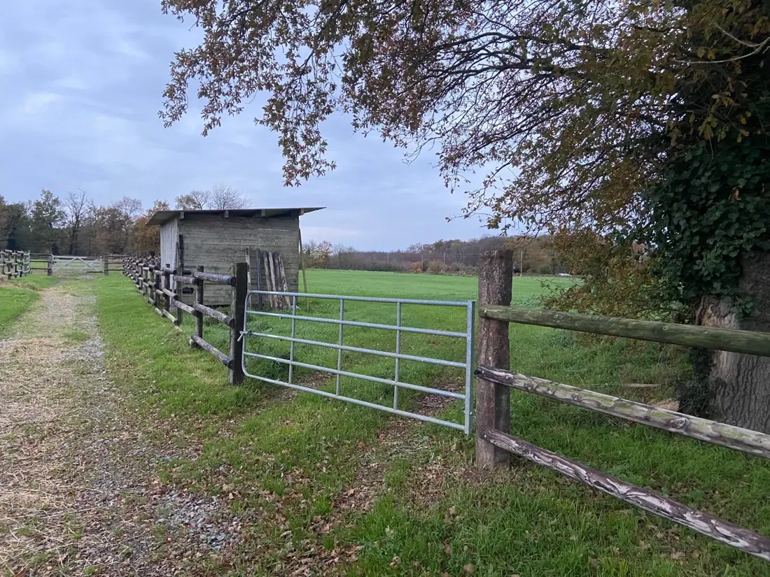 Portail d'entrée de l'élevage et abri en lisière de pré